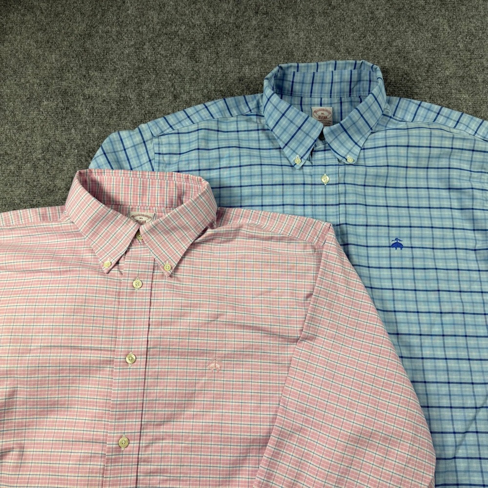Brooks Brothers‎ Button Down Mens XL Blue Pink Plaid Non-Iron Stretch Lot of 2